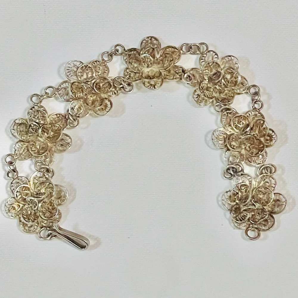 Antique? VTG? Sterling Silver Bracelet Filigree Flower Linked Sz 7 “ 18 G